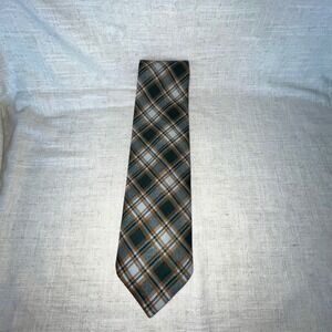 Custom Tailored Men's Necktie Plaid Green‎ Brown Silk Blend VTG